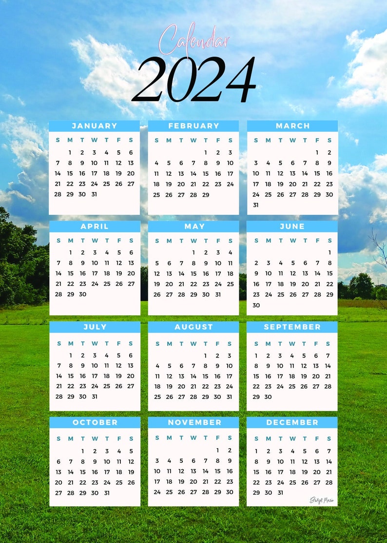 Printable Minimalist 2024 Calendar Country Hill Top Clouds Etsy
