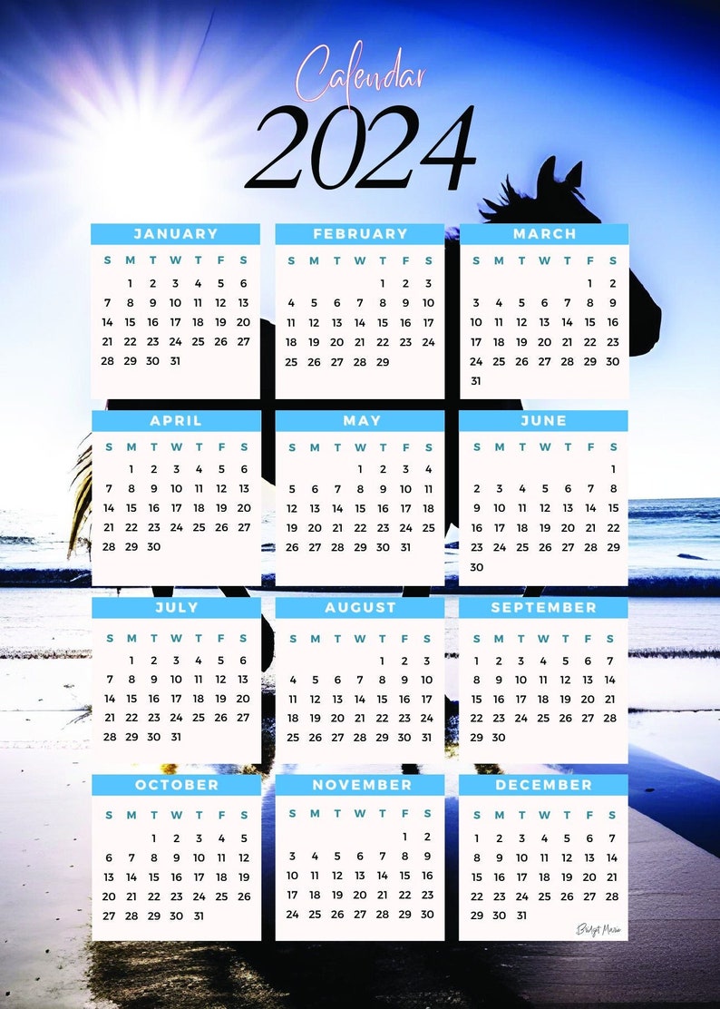 Printable Minimalist 2024 Calendar / Sunny Day Horse on Beach Etsy