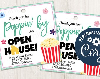 Printable/Editable Thanks for Poppin By Open House Real Estate Realtor Spring Summer Popcorn Gift Tag Client Appreciation, CORJL Template