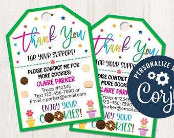 Printable/Editable Cookie Sales Thank You Tag Scout Cookie Booth Sales Thank You Cookie Troop Fundraiser Cookie Tags, CORJL Template - CP1