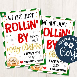 Printable/Editable Rollin&#39; by to say thank you cinnamon roll Merry Christmas Winter Happy Holiday Sweets gift tag, CORJL Template
