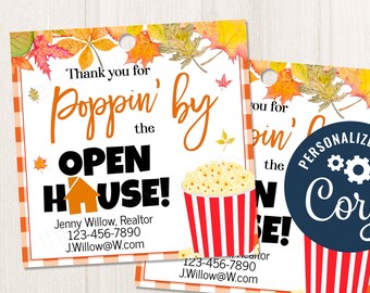 Printable/Editable Thanks for Poppin By the Open House Real Estate Realtor Thanksgiving Fall Gift Tag Client Appreciation, CORJL Template