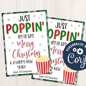 Afdrukbare/bewerkbare Poppin' door om u een prettige kerstvakantie te wensen Winter Bedankt Popcorn Gift Tag voor docenten personeel pto, CORJL-sjabloon