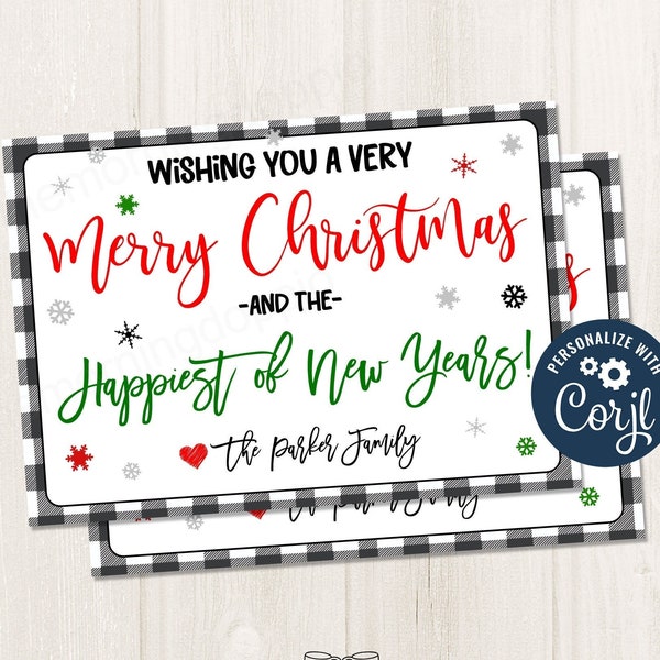 Printable/Editable Christmas Holiday Postcard for neighbors family classroom teachers, Merry Christmas Happy New Year Card, CORJL Template