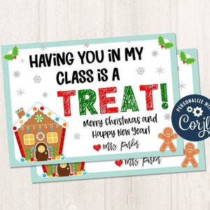 Cartão postal de férias de Natal imprimível/editável para professores de sala de aula de alunos, cartão de feliz Natal e feliz ano novo, modelo CORJL