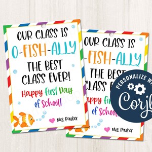 Etiqueta de presente de primeiro dia de aula para impressão/editável de peixe dourado, melhor classe de todos os tempos, para funcionários de professores, etiquetas de sala de aula PTA PTO, modelo CORJL