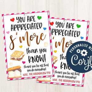 Printable/Editable You are Appreciated Smore than You Know Valentines' Day Marshmallow Gift Tag for Teacher PTO Nurse Staff, CORJL Template