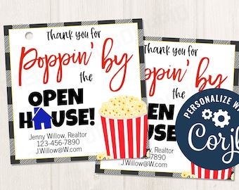Printable/Editable Thanks for Poppin By the Open House Real Estate Realtor Thank You Gift Tag, Client Thank You Appreciation, CORJL Template