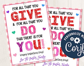 Printable/Editable Thank You Appreciation Valentines Day Gift Tag for Teachers Staff PTO Volunteers Teams Nurses, CORJL Template