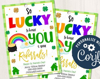 Referência de corretor de imóveis imprimível/editável Dia de São Patrício Shamrock Lucky para clientes como você Obrigado Tag de presente Imóveis, modelo CORJL
