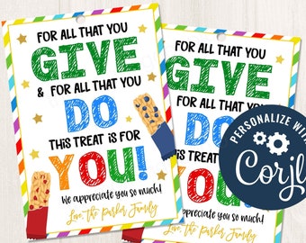 Printable/Editable Granola Bar Thank You Appreciation Gift Tag for Teachers Staff PTO Volunteers Teams Nurses, CORJL Template