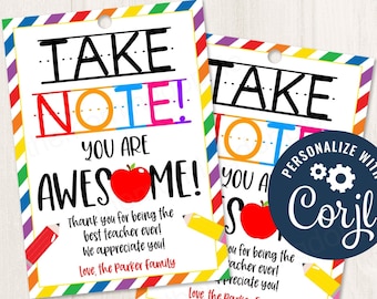 Printable/Editable Take Note You are Awesome Pencil Pen Notebook Planner Gift Tag for Staff Teacher Appreciation, CORJL Template