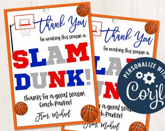 Printable/Editable Basketball Thank You End of Season Gift Tag for Teams Coaches, Sports Gift Tags, CORJL Template
