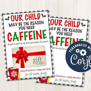 Titular de la tarjeta de regalo de cafeína y café navideño imprimible/editable para maestros, personal, administrador, pto/pta, gracias, agradecimiento, plantilla CORJL