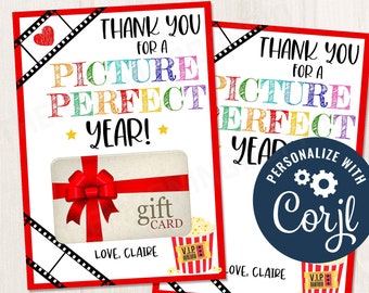 May include: Two red and white thank you cards with a movie theme. The cards have a red heart, film strips, popcorn, and a gift card. The text on the cards reads "Thank you for a picture perfect year!" and "Personalize with Corjl".