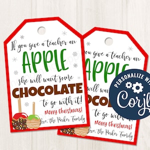 Druckbare / bearbeitbare Schokolade überzogene Äpfel Caramel Apple präsentiert Frohe Weihnachten Winter Happy Holiday Sweets Geschenkanhänger, CORJL-Vorlage