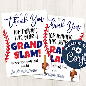 Stampabile/modificabile Grazie per aver realizzato quest'anno un tag regalo a tema baseball di fine anno scolastico del Grande Slam per la PTO dell'aula degli insegnanti, file CORJL
