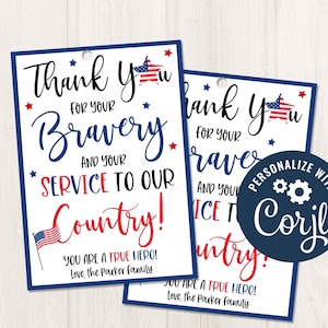 Afdrukbare/bewerkbare Veteran's Day Gift Tag, Bedankt voor uw service Militaire First Responder Hero Bravery Gift Tag, CORJL Template