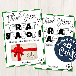 Titolare della carta regalo di fine stagione per allenatore di calcio stampabile/modificabile per idee regalo di apprezzamento per la fine della stagione calcistica sportiva, modello CORJL