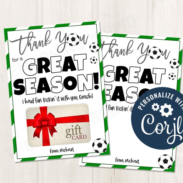 Printable/Editable Soccer Coach End of Season Gift Card Holder for Appreciation End of Sports Soccer Season Gift Ideas, CORJL Template