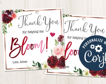 Printable/EDITABLE Thank You for Helping me Bloom Plant Cactus Flower Gift Tag for Teacher Appreciation, Bloom Cards, CORJL Template