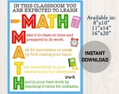 Printable Math Classroom Poster Decor, Math Teacher Classroom Ideas, Printable Classroom Expectations Poster -- M01