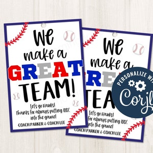 Bedruckbarer / bearbeitbarer Baseball-Team-Geschenkanhänger, Baseball-Spieltag-Tag, Wir machen ein großartiges Team-Baseball-Trainer-Saison-Partygeschenk, CORJL-Vorlage