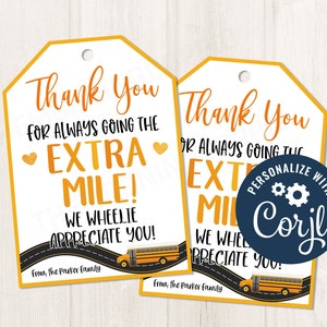 Printable/Editable Thank you for always going the extra mile bus driver appreciation gift tag, CORJL Template