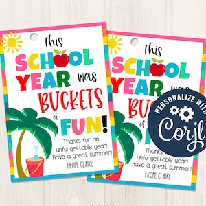 Baldes de diversão para impressão/editáveis, férias de verão, último dia de aula, etiqueta de presente para professores, etiquetas de sala de aula PTA PTO, modelo CORJL
