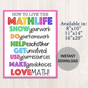 Printable Math Classroom Poster Decor, Math Teacher Classroom Ideas, Back to School Decorations, Mathematics Posters -- M01