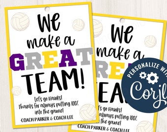 Printable/Editable Volleyball Team gift tag, Volleyball game day tag, We make a great team Volleyball mom coach season gift, CORJL Template