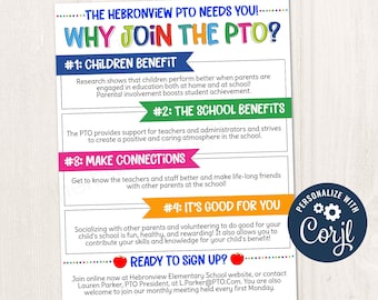 Printable/Editable PTO PTA Recruitment Flyer, Pto/pta Parent Newsletter, School Volunteer Fundraiser Event Template, CORJL Template