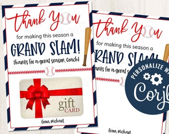 Titular de la tarjeta de regalo de fin de temporada del entrenador de béisbol imprimible/editable para ideas de regalos de la temporada de béisbol de fin de deportes de agradecimiento, plantilla CORJL