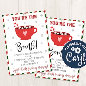 Imprimible/Editable Eres la etiqueta de regalo navideña de bomba, Etiquetas de regalo de bomba de chocolate caliente para ideas de regalos de Navidad, Plantilla CORJL