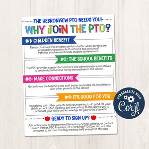 Printable/Editable PTO PTA Recruitment Flyer, Pto/pta Parent Newsletter, School Volunteer Fundraiser Event Template, CORJL Template