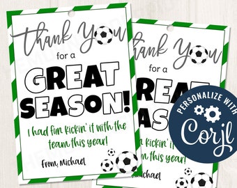 Printable/Editable Soccer End of Season Gift Tag for Teams Coaches, Sports Gift Tags, CORJL Template