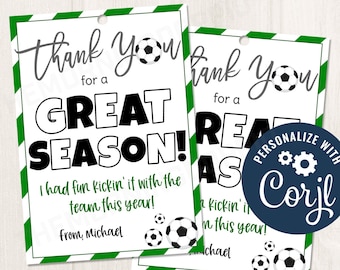 Printable/Editable Soccer End of Season Gift Tag for Teams Coaches, Sports Gift Tags, CORJL Template