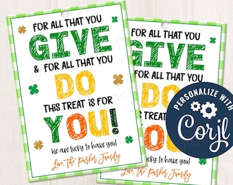 Printable/Editable Thank You Appreciation St. Patrick's Day Clover Gift Tag for Teachers Staff PTO Volunteers Teams Nurses, CORJL Template