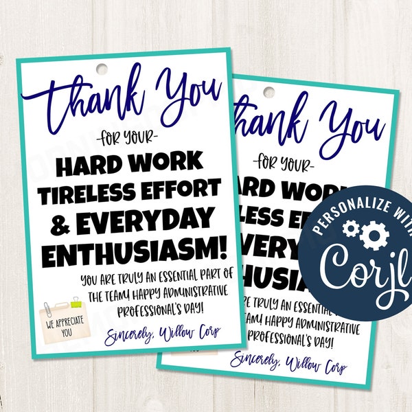 Printable/Editable Administrative Professional's Day Assistant's Day Gift Tag for Employee Secretary Staff Appreciation Day, CORJL Template