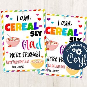 Imprimível / EDITÁVEL Estou CEREAL feliz por sermos amigos Etiqueta de presente de cereal do Dia dos Namorados para equipe de funcionários de alunos em sala de aula, modelo CORJL
