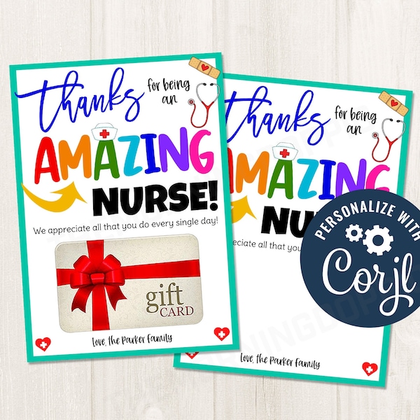 Printable/Editable Thanks for being an Amazing Nurse Gift Card Holder for Nurse Appreciation Week Ideas Nurse Gifts, CORJL Template