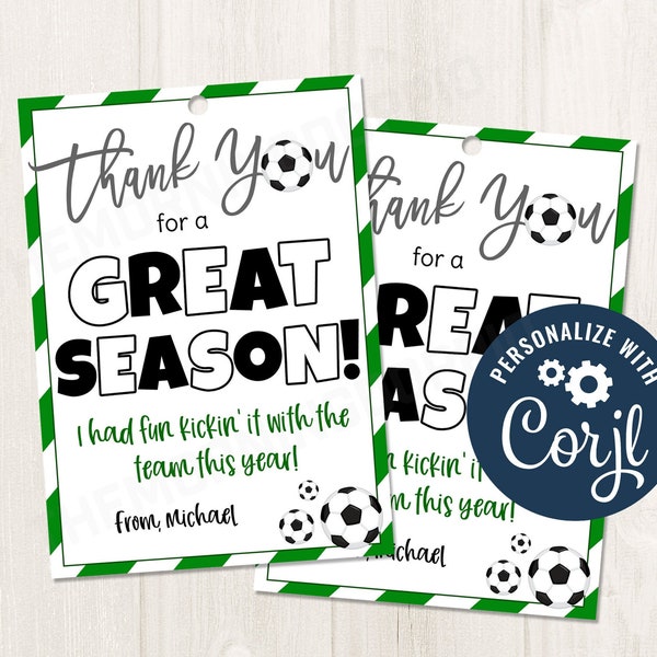 Printable/Editable Soccer End of Season Gift Tag for Teams Coaches, Sports Gift Tags, CORJL Template