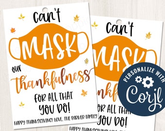 Afdrukbaar/bewerkbaar Thanksgiving-masker cadeaulabel voor leraren PTO/PTA-medewerker verpleegkundige essentiële werker personeel vrijwilligers, CORJL-sjabloon