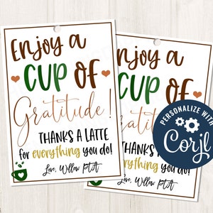 Druckbare/bearbeitbare Tasse Dankbarkeit Kaffee-Geschenkanhänger, Dank eines Latte-Kaffees druckbarer Anhänger-Geschenkanhänger des Lehrer-Krankenschwester-Teams, CORJL-Vorlage