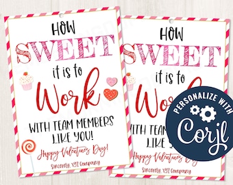 Printable/Editable How Sweet it is to Work with You Valentines Day Tag Favor for Teams Staff School PTO/PTA Admin Volunteers, CORJL Template