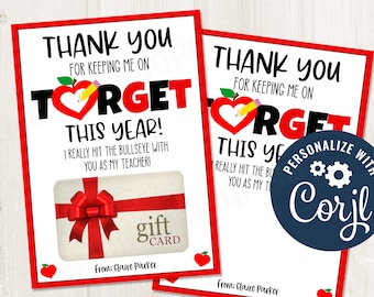 Printable/EDITABLE Thank You Keeping me on Target this year Gift Card Holder for Teachers PTO Team Members Staff, CORJL Template