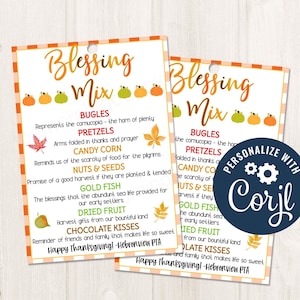 Printable/Editable Thanksgiving Blessing Mix Label Gift Tag Thanksgiving Favor Tag for Teachers Staff PTO Volunteers Nurses, CORJL Template