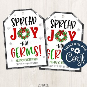 Imprimible/EDITABLE Difundir ALEGRÍA no gérmenes Vacaciones de Navidad Etiqueta de regalo de desinfectante de manos, Etiqueta de ideas de regalos de Navidad, Plantilla CORJL