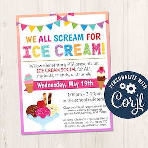Ice Cream Social Fundraiser Flyer Invitation Flyer for School End of Year Ice Cream Party Flyer Appreciation Week, CORJL Template