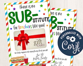 Printable/Editable No Substitute like you sub sandwich gift card holder for teachers staff admin PTO PTA appreciation, CORJL Template